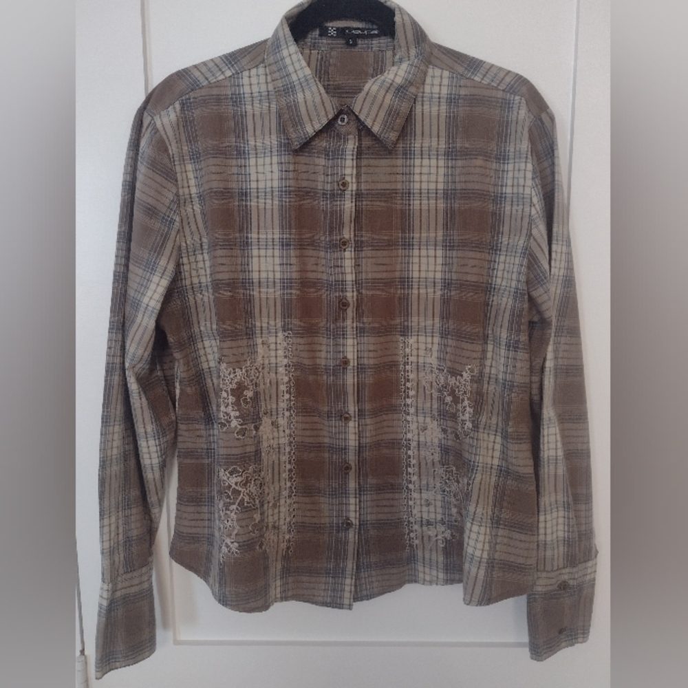 Brown Plaid Y2K Embroidered Coupe Button Up Top
